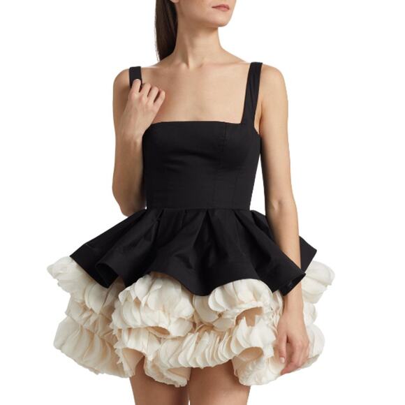 Bronx and Banco Women's Black Beige Catalina Ruffled Satin Minidress Size 6 - Picture 9 of 9